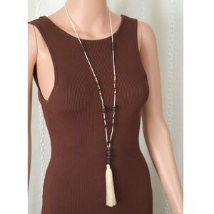 Boho Beaded Tassel Y‎ Necklace Cream White Gold Tone Accent Women's Fashion